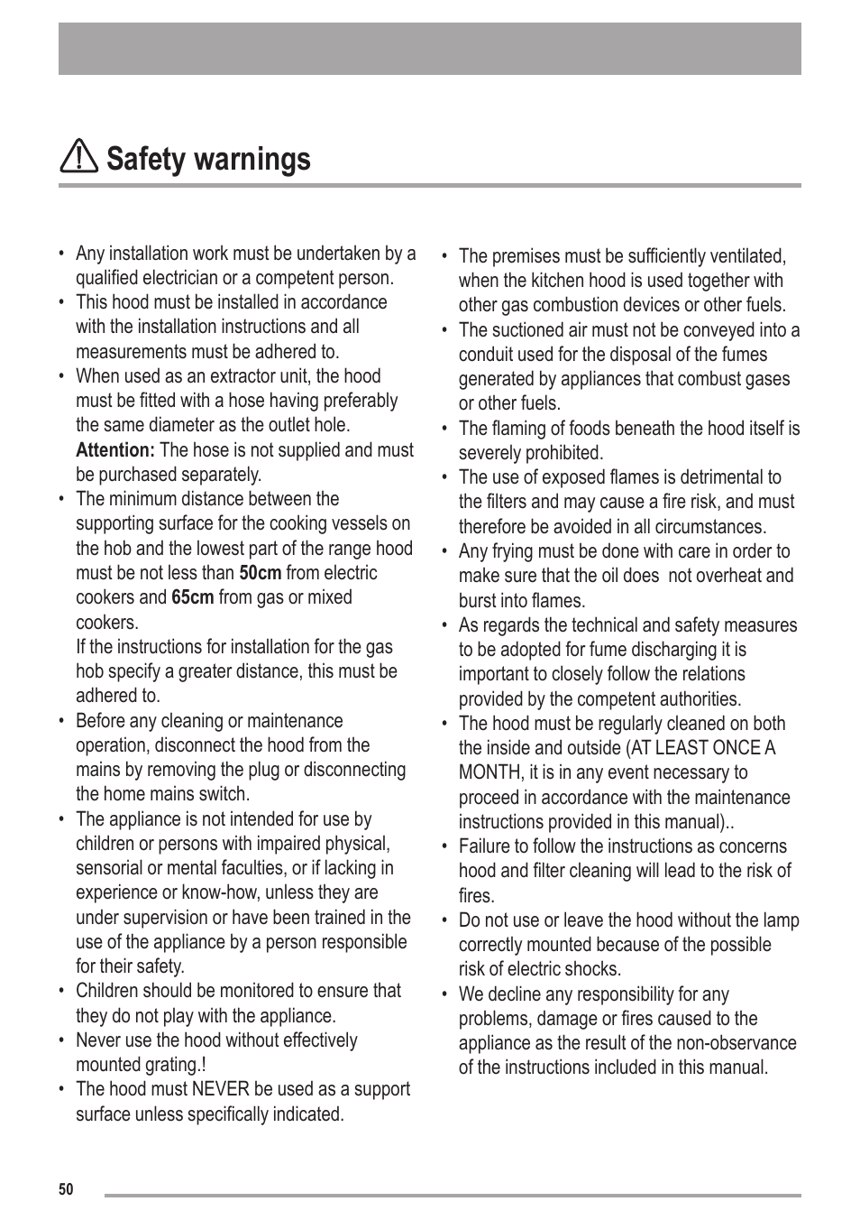 Safety warnings | Zanussi ZHC6121X User Manual | Page 50 / 72