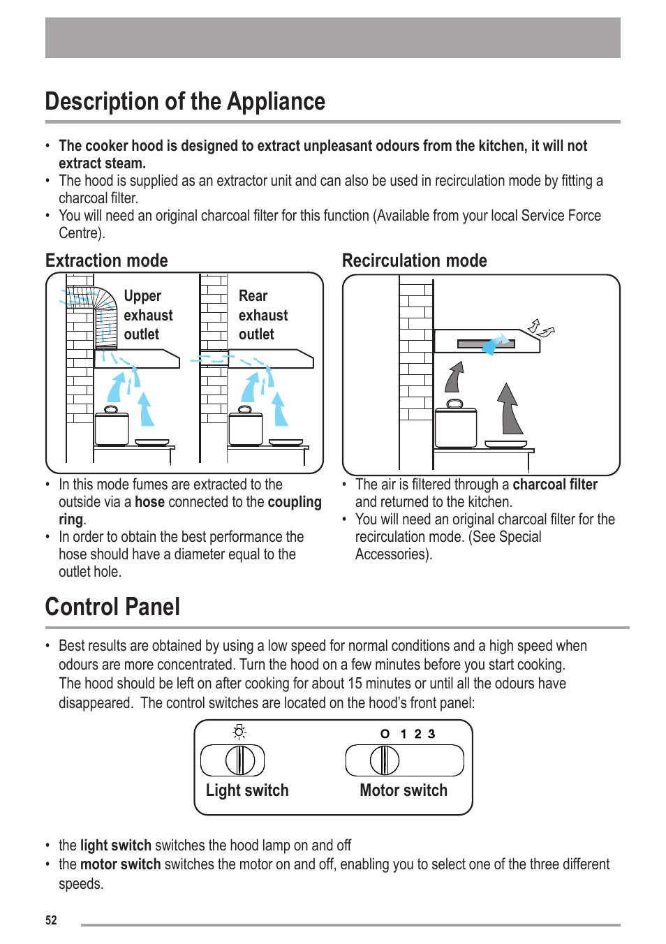 Description of the appliance, Control panel, Extraction mode | Recirculation mode | Zanussi ZHC6121X User Manual | Page 52 / 72