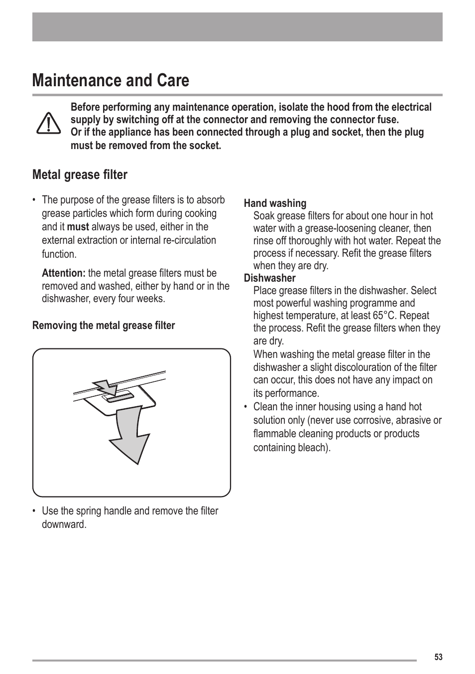 Maintenance and care, Metal grease filter | Zanussi ZHC6121X User Manual | Page 53 / 72