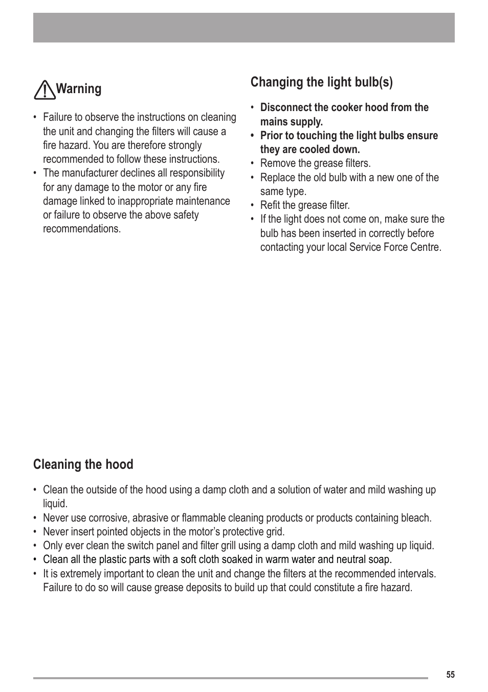 Warning, Changing the light bulb(s), Cleaning the hood | Zanussi ZHC6121X User Manual | Page 55 / 72