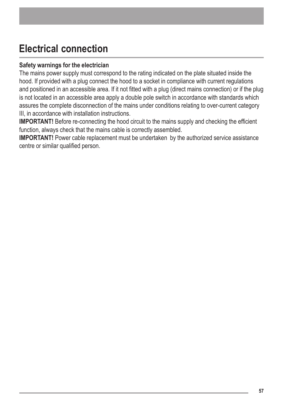 Electrical connection | Zanussi ZHC6121X User Manual | Page 57 / 72