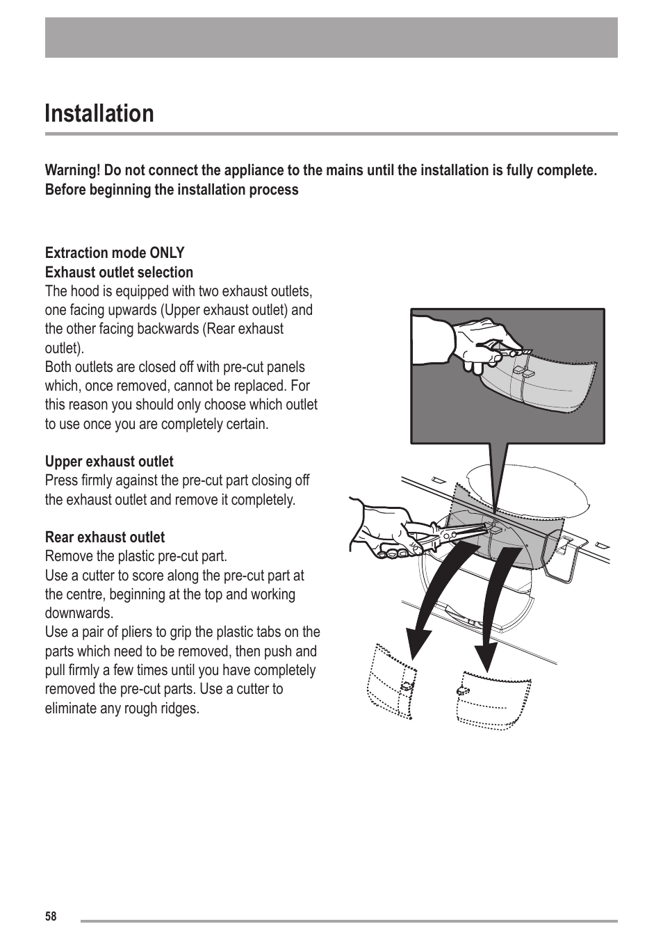 Installation | Zanussi ZHC6121X User Manual | Page 58 / 72