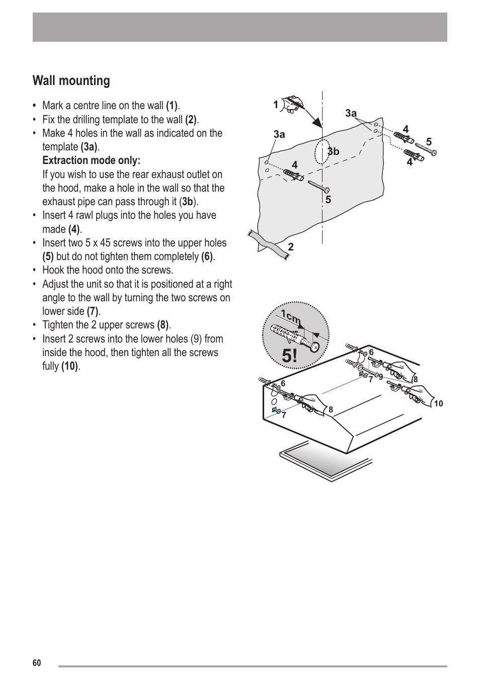 Wall mounting | Zanussi ZHC6121X User Manual | Page 60 / 72