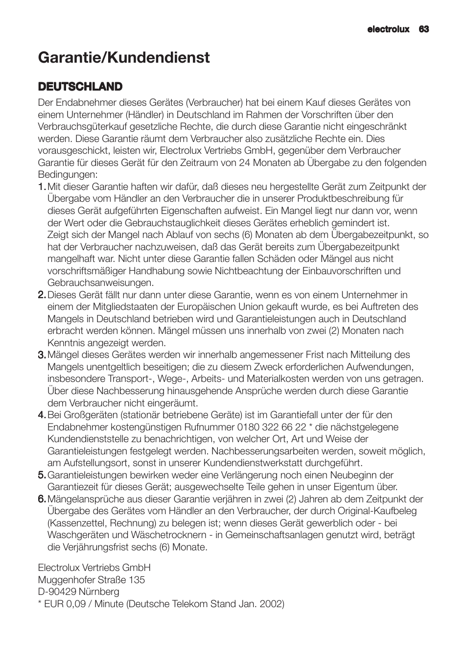 Garantie/kundendienst | Zanussi ZHC6121X User Manual | Page 63 / 72