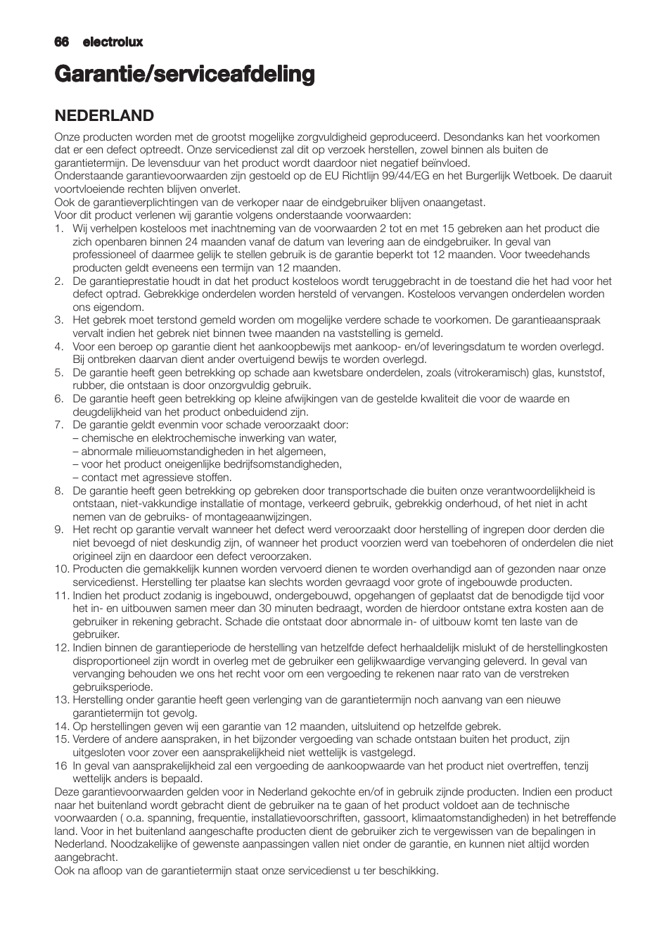 Garantie/serviceafdeling, Nederland | Zanussi ZHC6121X User Manual | Page 66 / 72