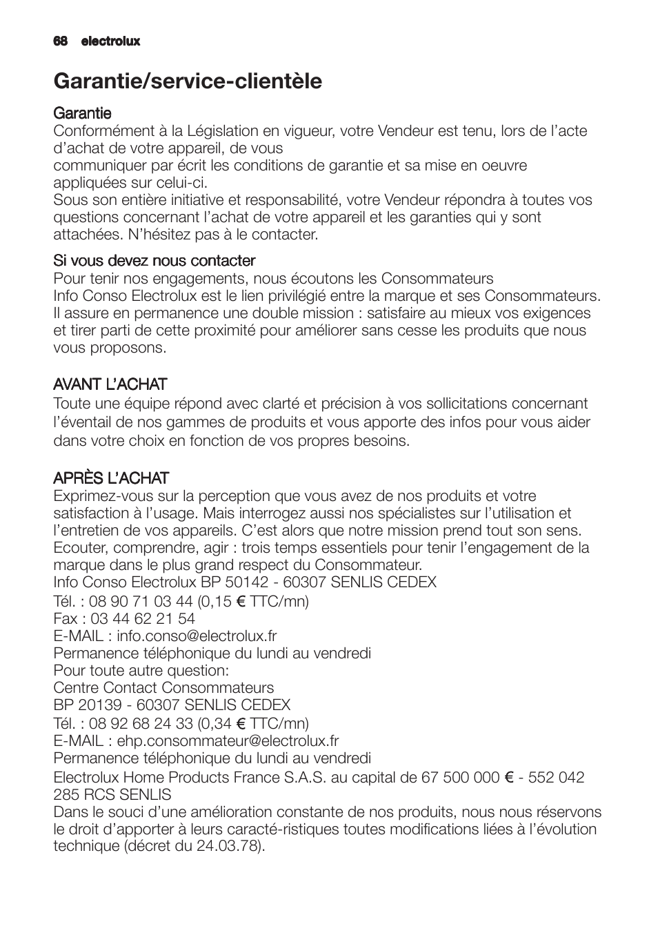 Garantie/service-clientèle | Zanussi ZHC6121X User Manual | Page 68 / 72