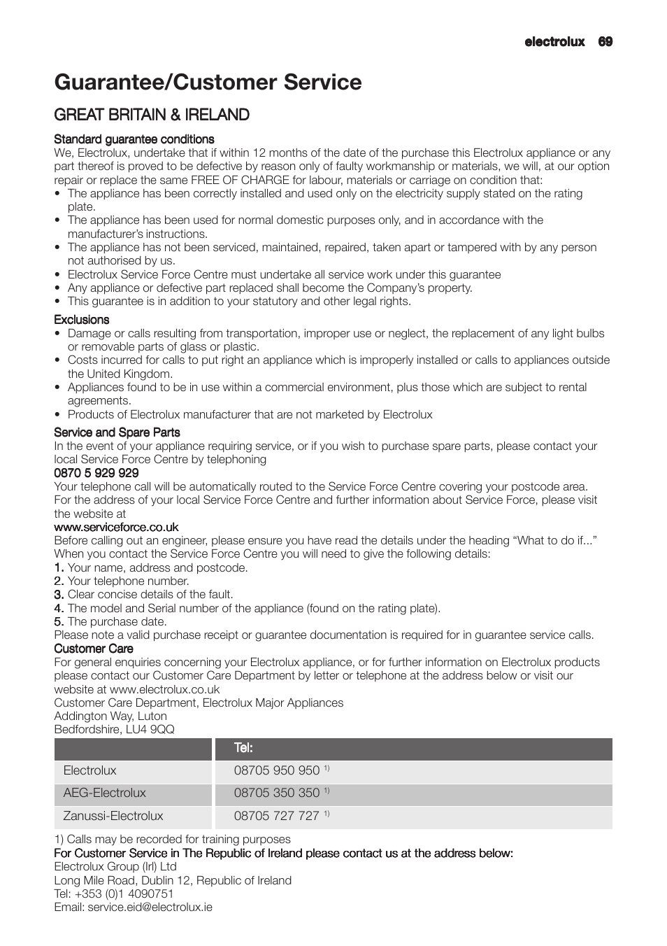 Guarantee/customer service, Grea | Zanussi ZHC6121X User Manual | Page 69 / 72