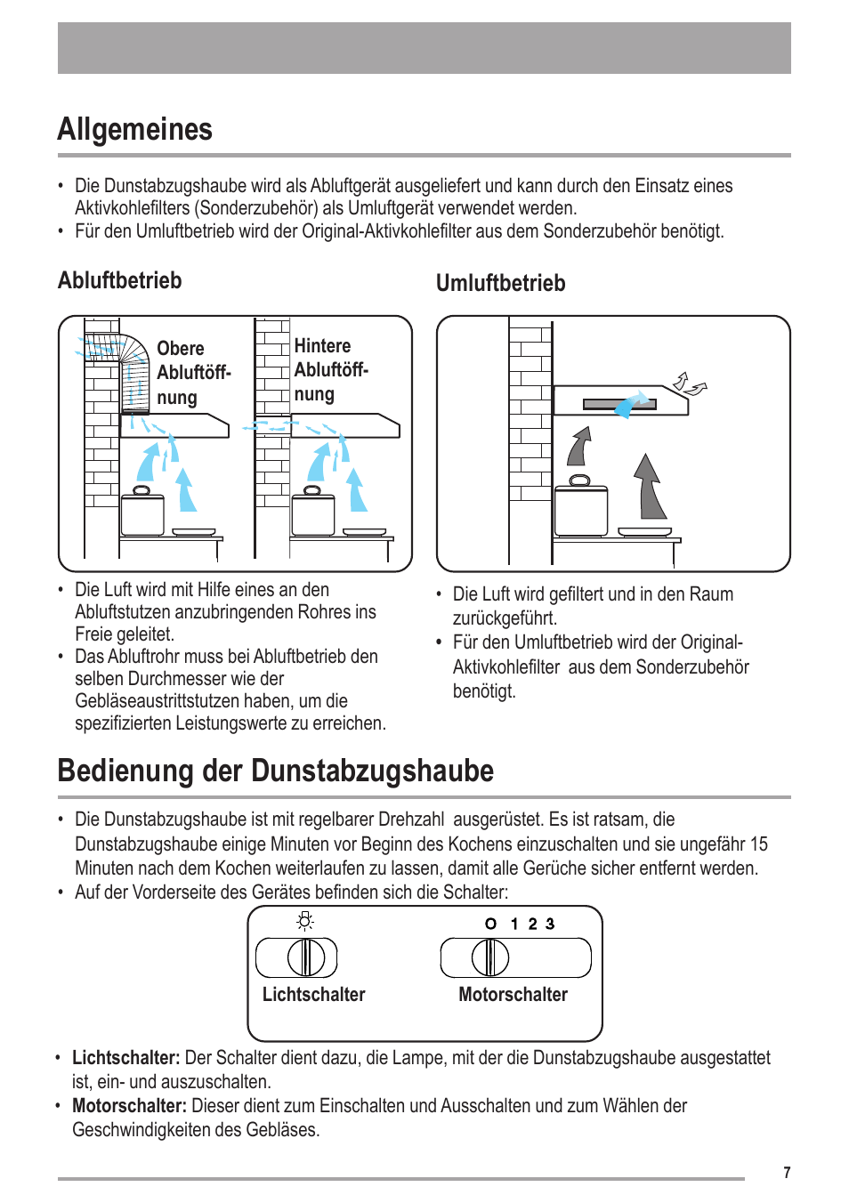 Allgemeines, Bedienung der dunstabzugshaube, Abluftbetrieb | Umluftbetrieb | Zanussi ZHC6121X User Manual | Page 7 / 72