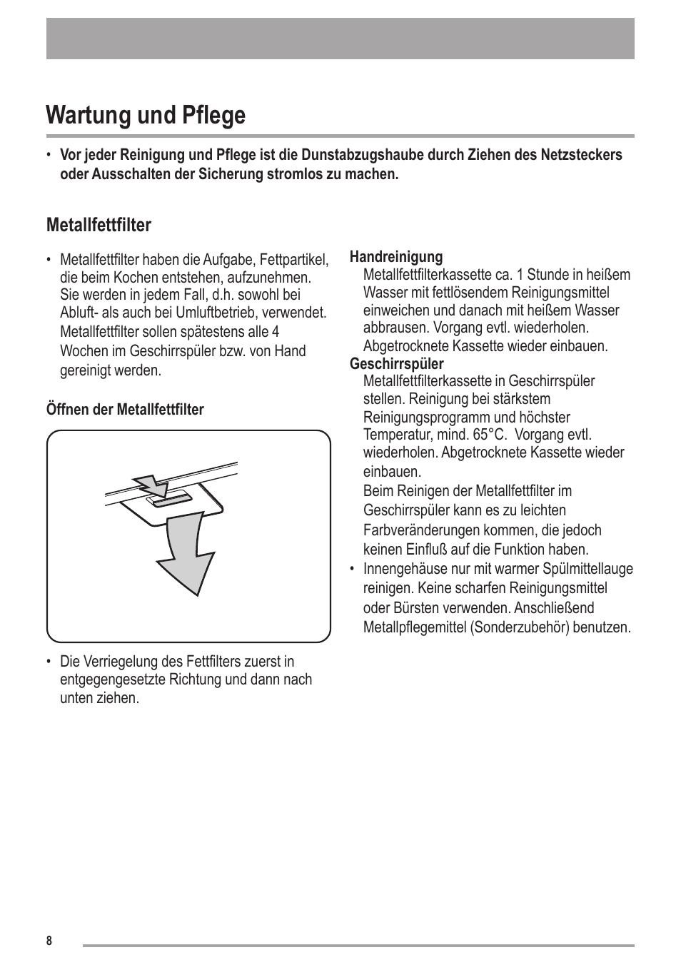 Wartung und pflege, Metallfettfilter | Zanussi ZHC6121X User Manual | Page 8 / 72