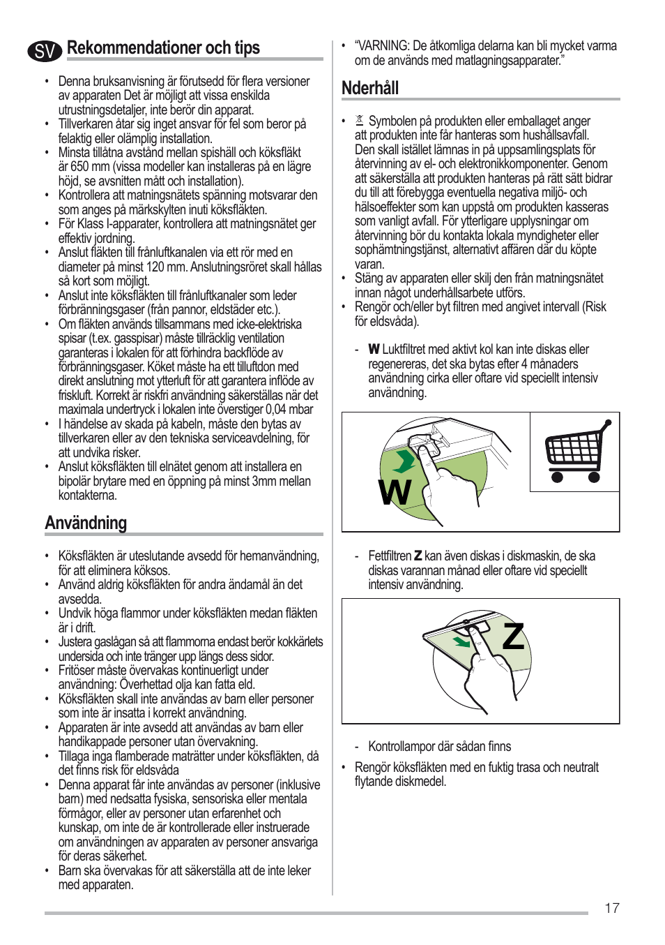 Rekommendationer och tips, Användning, Nderhåll | Zanussi ZHC96540XA User Manual | Page 17 / 68
