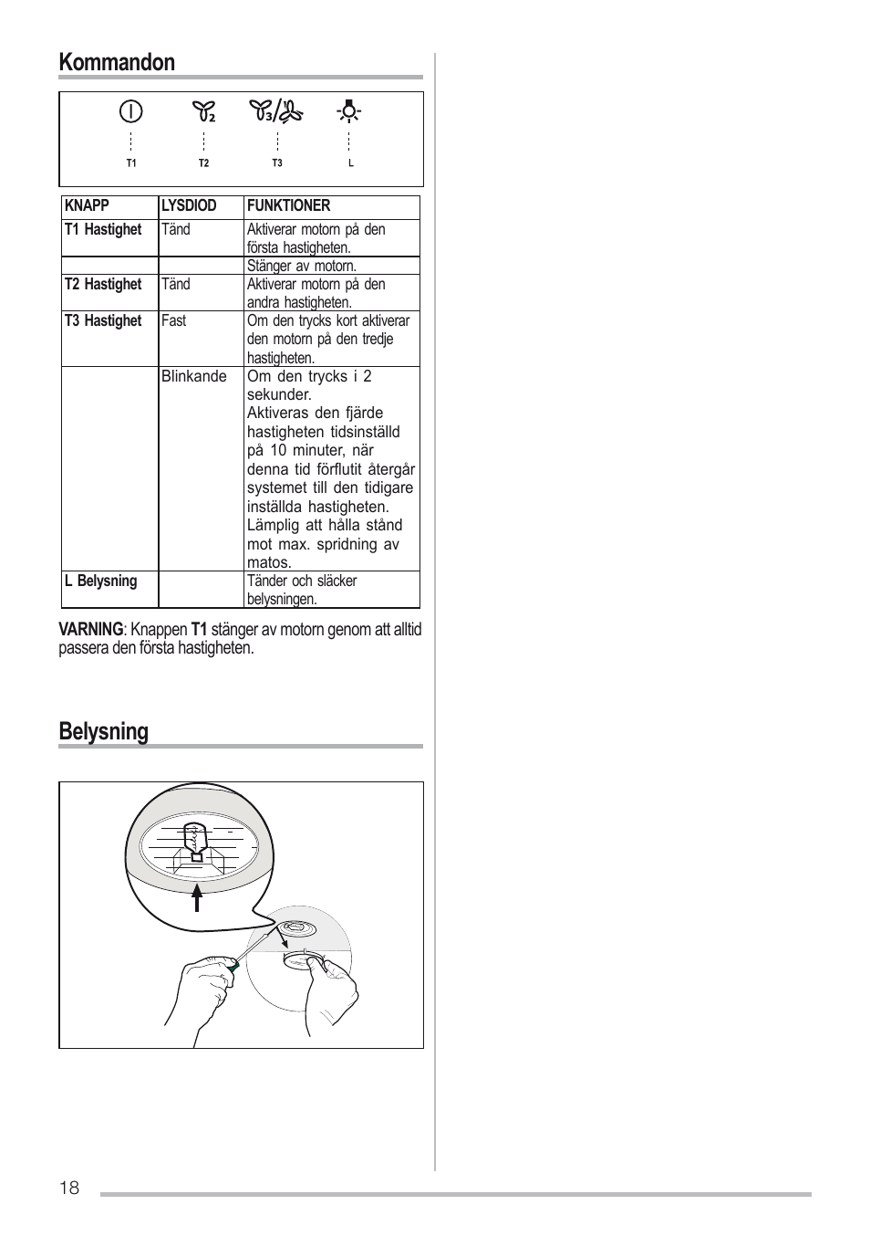 Kommandon, Belysning | Zanussi ZHC96540XA User Manual | Page 18 / 68