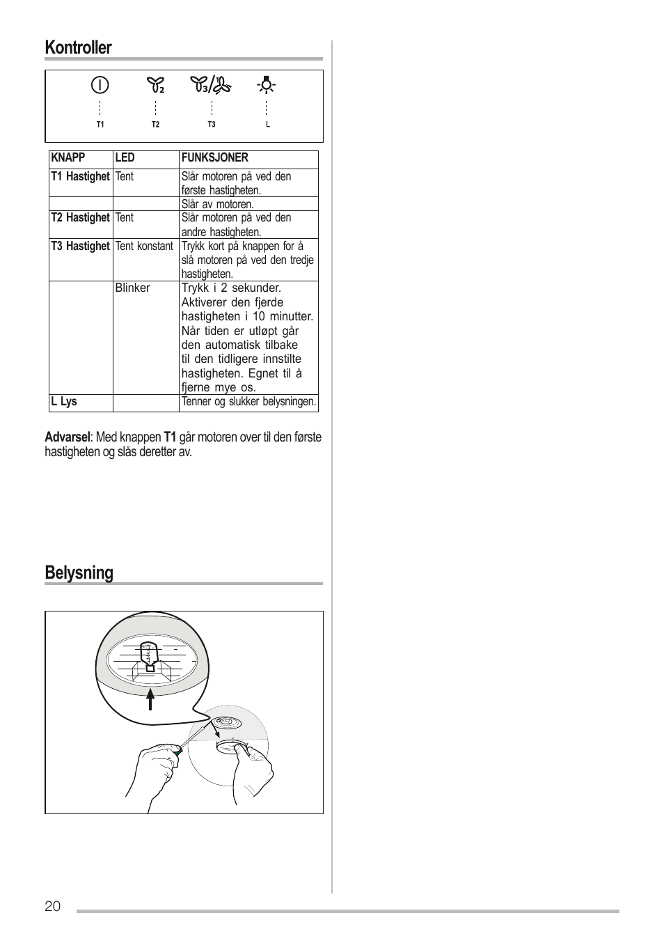 Kontroller, Belysning | Zanussi ZHC96540XA User Manual | Page 20 / 68