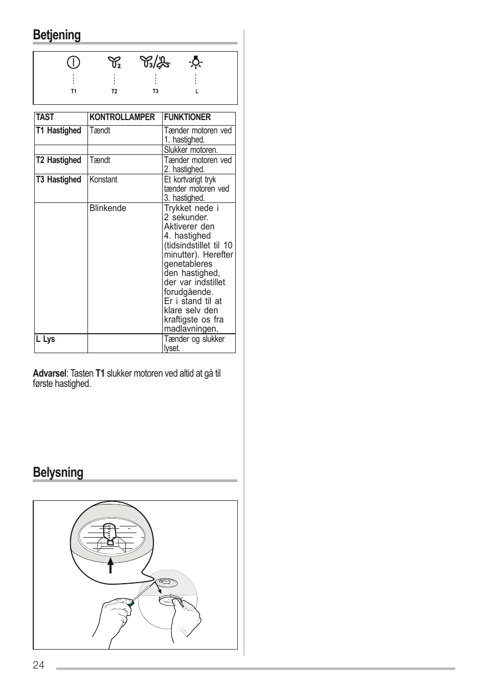 Betjening, Belysning | Zanussi ZHC96540XA User Manual | Page 24 / 68