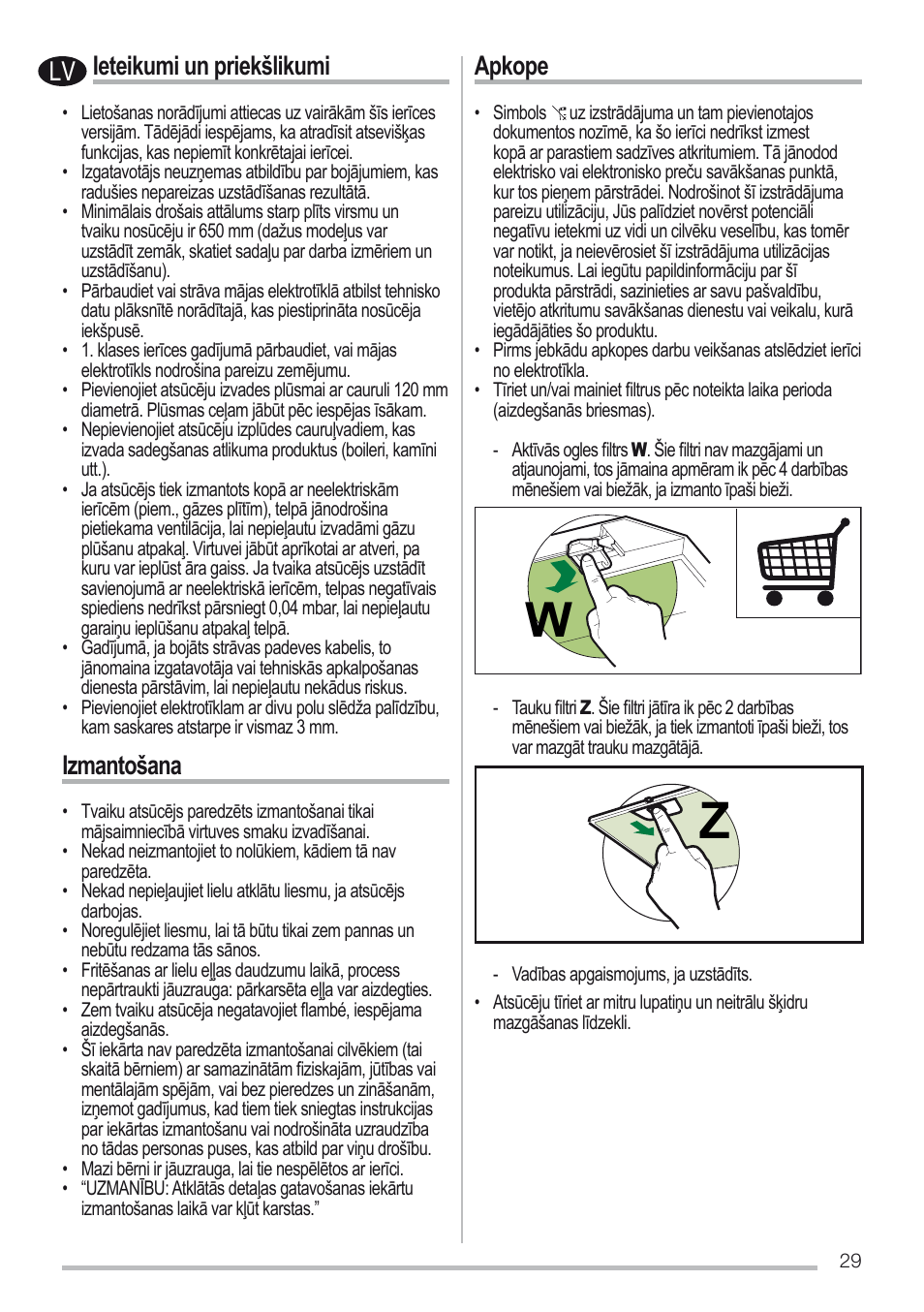 Ieteikumi un priekšlikumi, Izmantošana, Apkope | Zanussi ZHC96540XA User Manual | Page 29 / 68