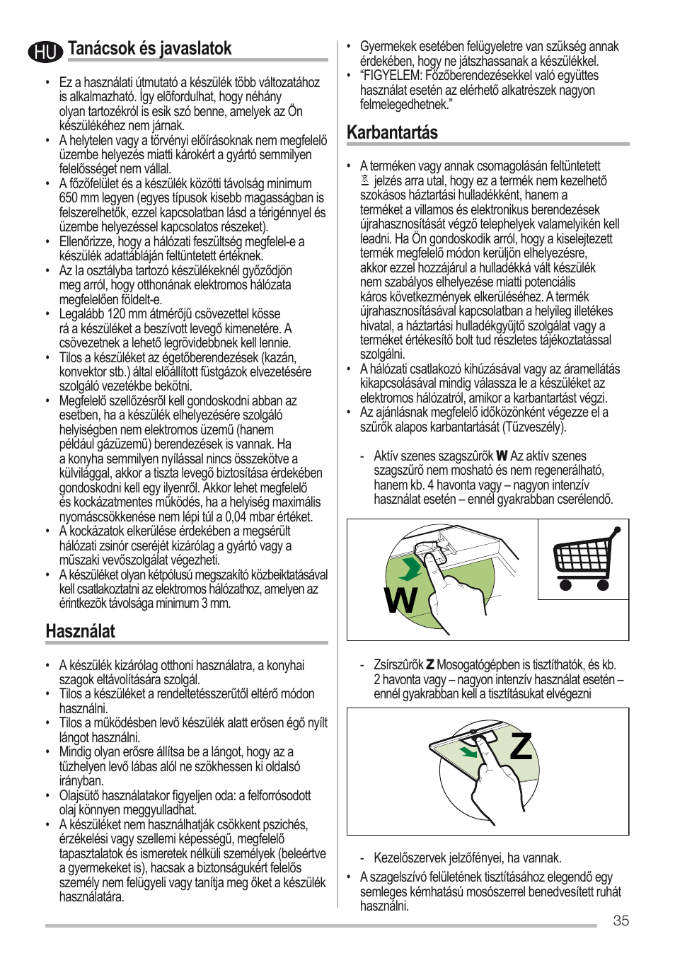 Tanácsok és javaslatok, Használat, Karbantartás | Zanussi ZHC96540XA User Manual | Page 35 / 68