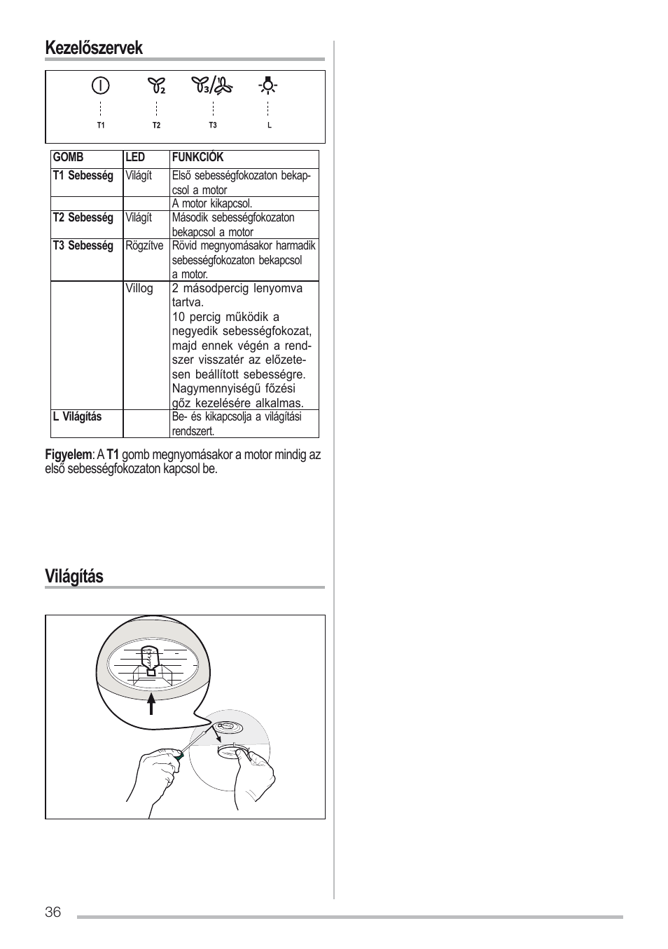 Kezelőszervek, Világítás | Zanussi ZHC96540XA User Manual | Page 36 / 68