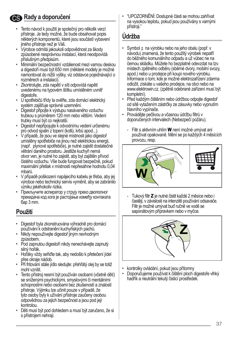 Rady a doporučení, Použití, Údržba | Zanussi ZHC96540XA User Manual | Page 37 / 68