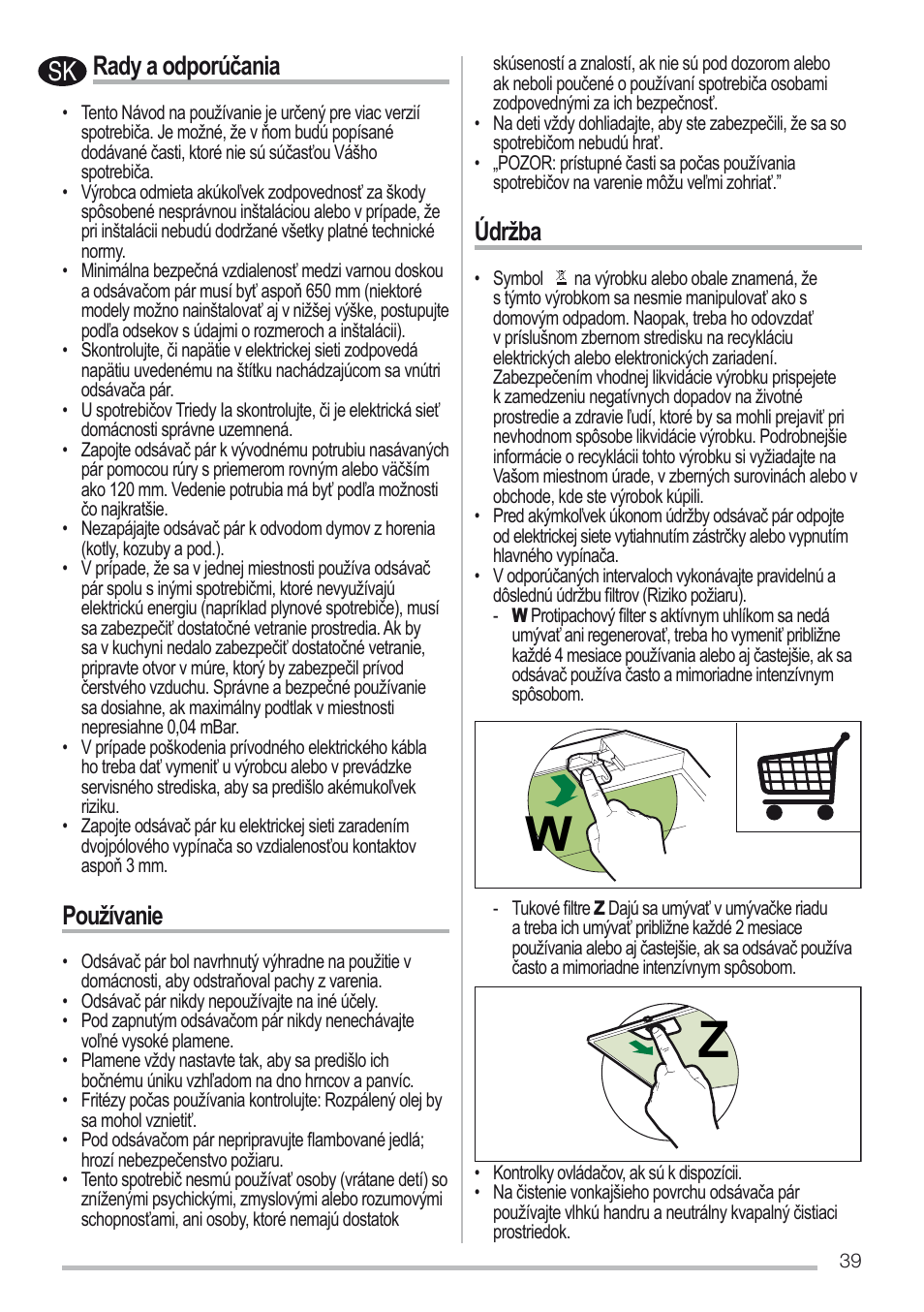 Rady a odporúčania, Používanie, Údržba | Zanussi ZHC96540XA User Manual | Page 39 / 68
