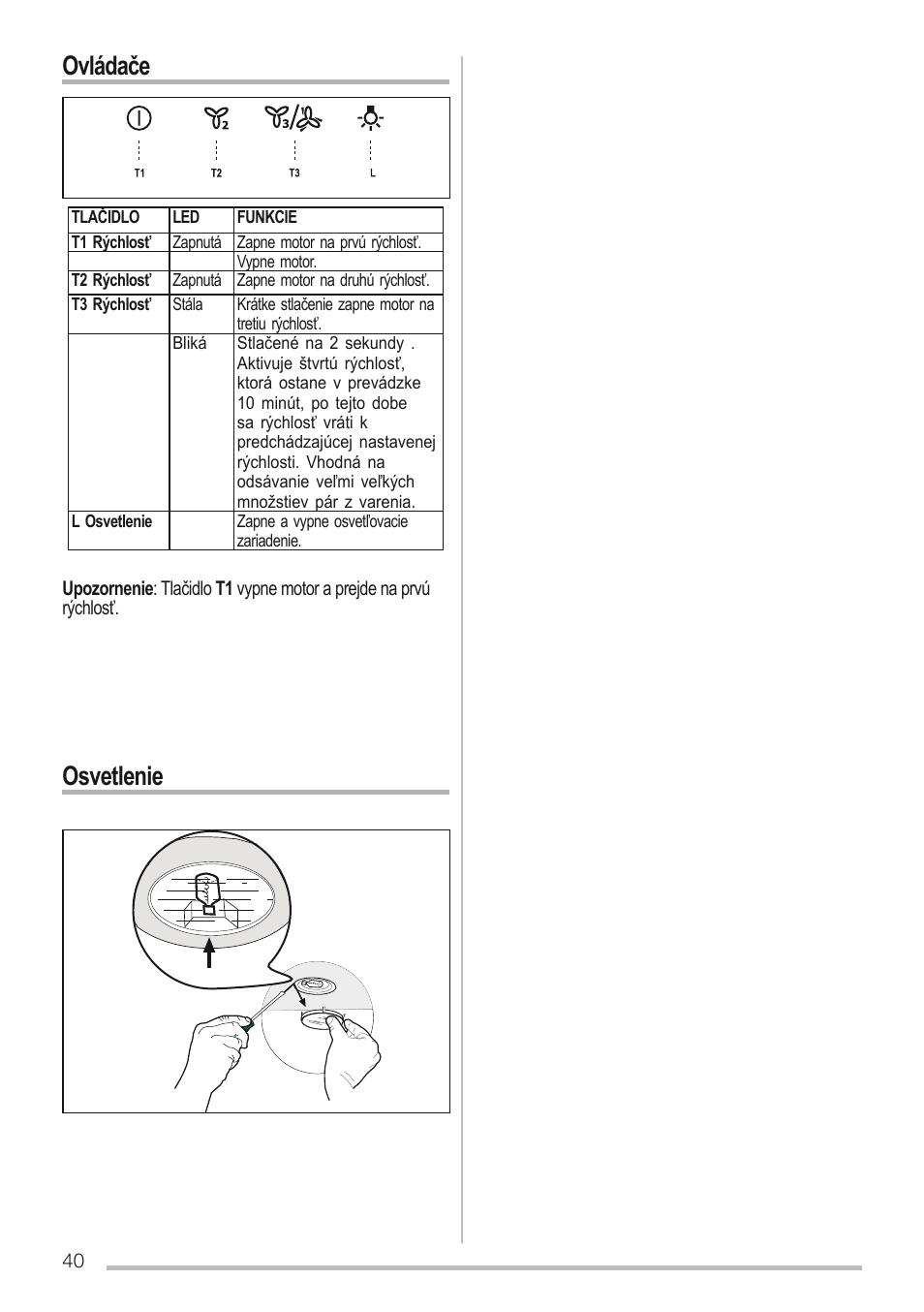 Ovládače, Osvetlenie | Zanussi ZHC96540XA User Manual | Page 40 / 68