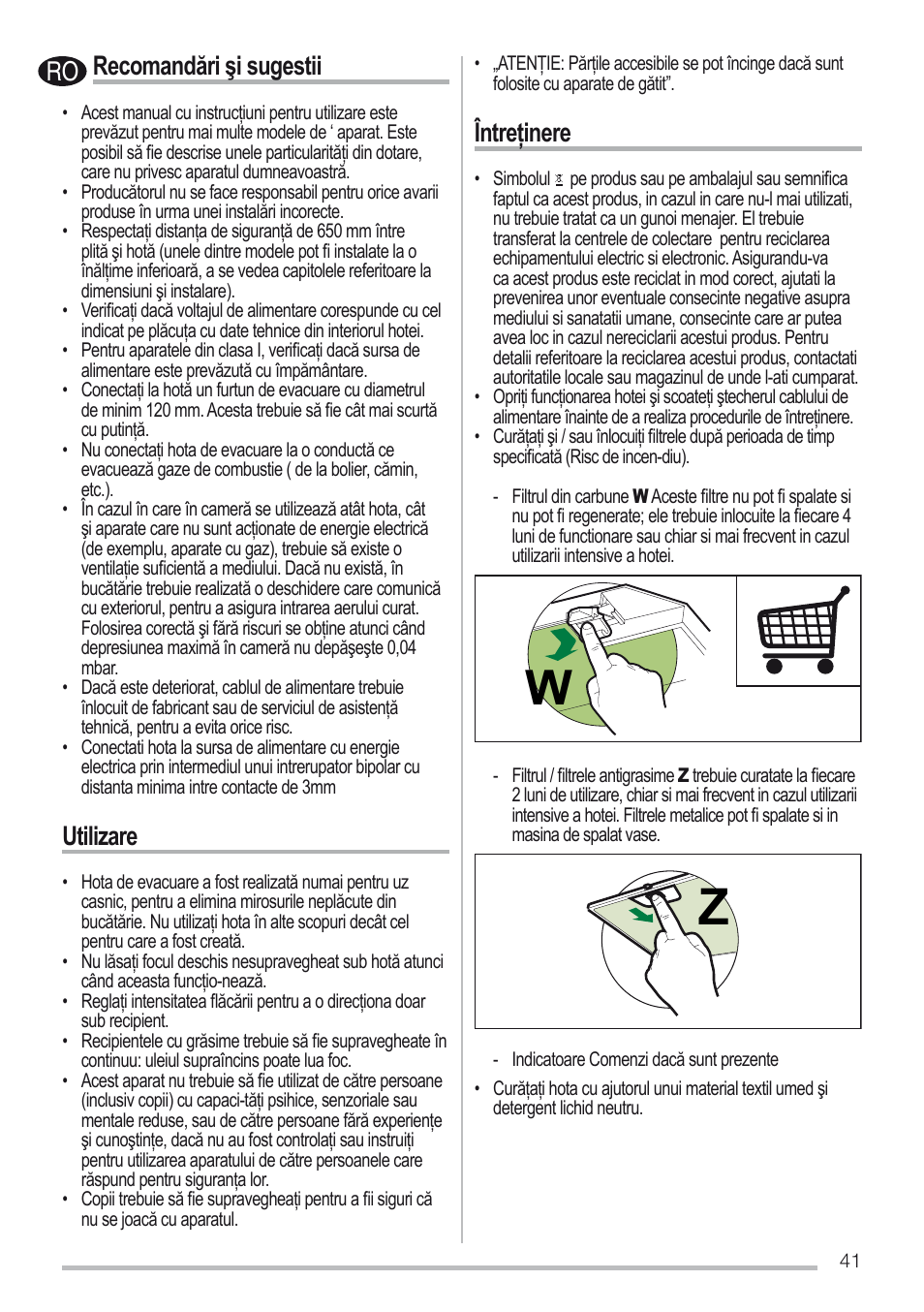 Recomandări şi sugestii, Utilizare, Întreţinere | Zanussi ZHC96540XA User Manual | Page 41 / 68
