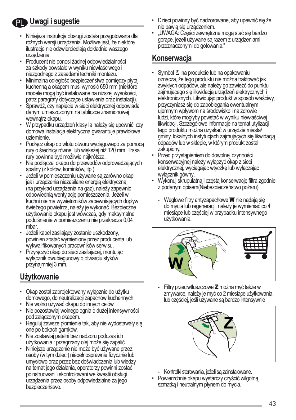 Uwagi i sugestie, Użytkowanie, Konserwacja | Zanussi ZHC96540XA User Manual | Page 43 / 68