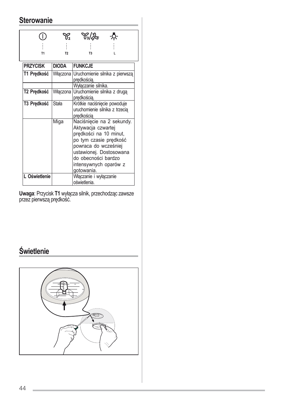 Sterowanie, Świetlenie | Zanussi ZHC96540XA User Manual | Page 44 / 68