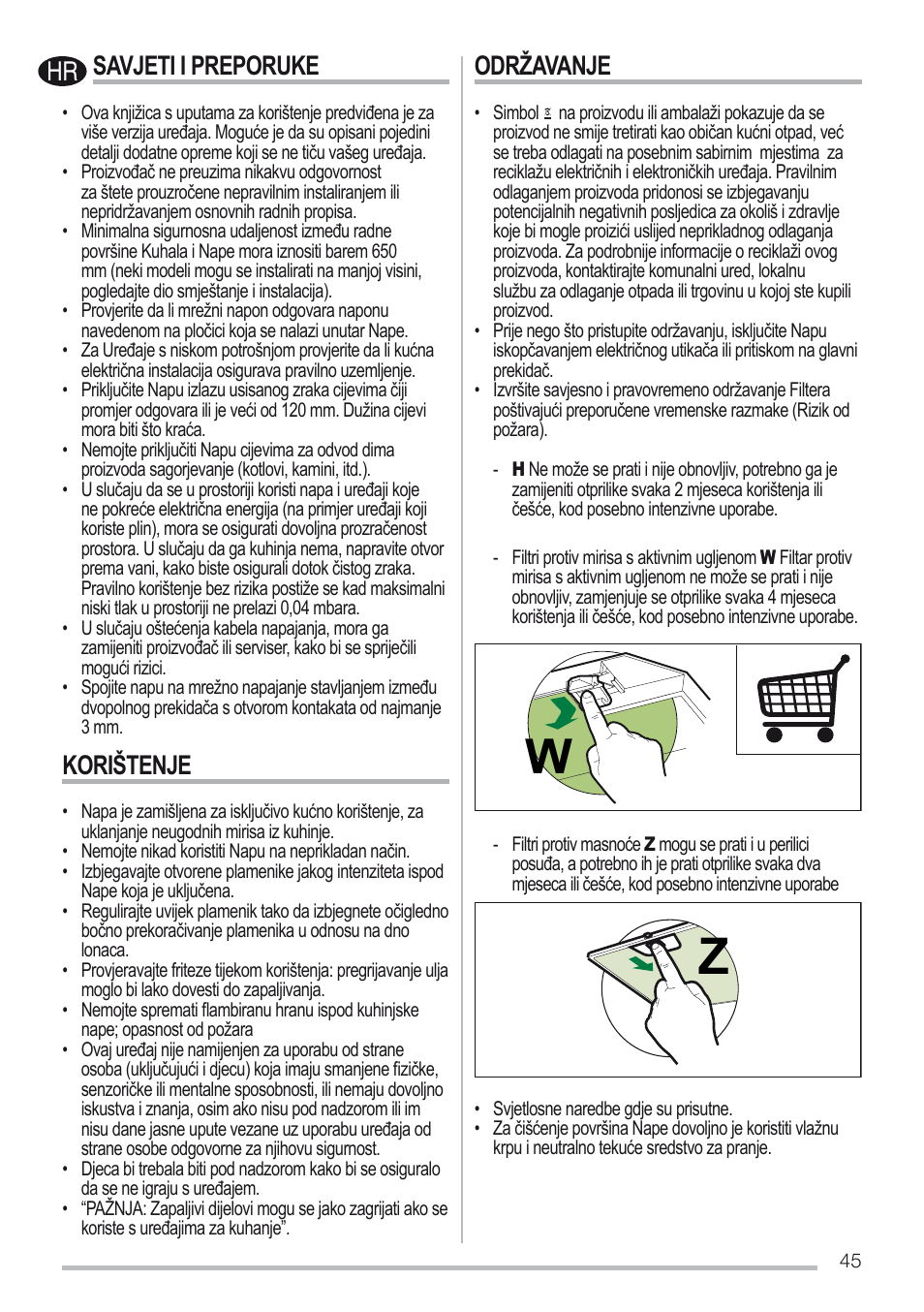 Savjeti i preporuke, Korištenje, Održavanje | Zanussi ZHC96540XA User Manual | Page 45 / 68