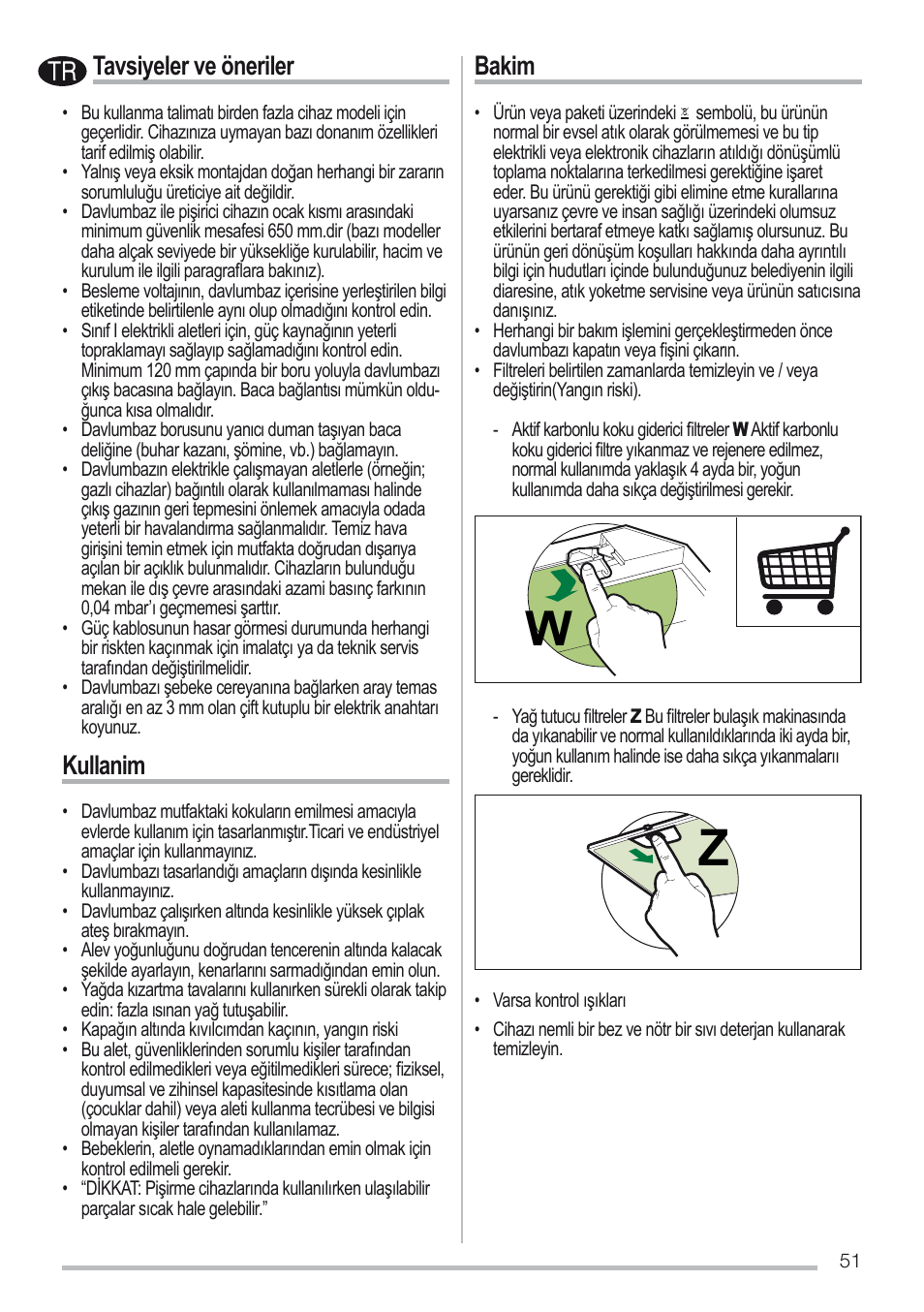 Tavsiyeler ve öneriler, Kullanim, Bakim | Zanussi ZHC96540XA User Manual | Page 51 / 68