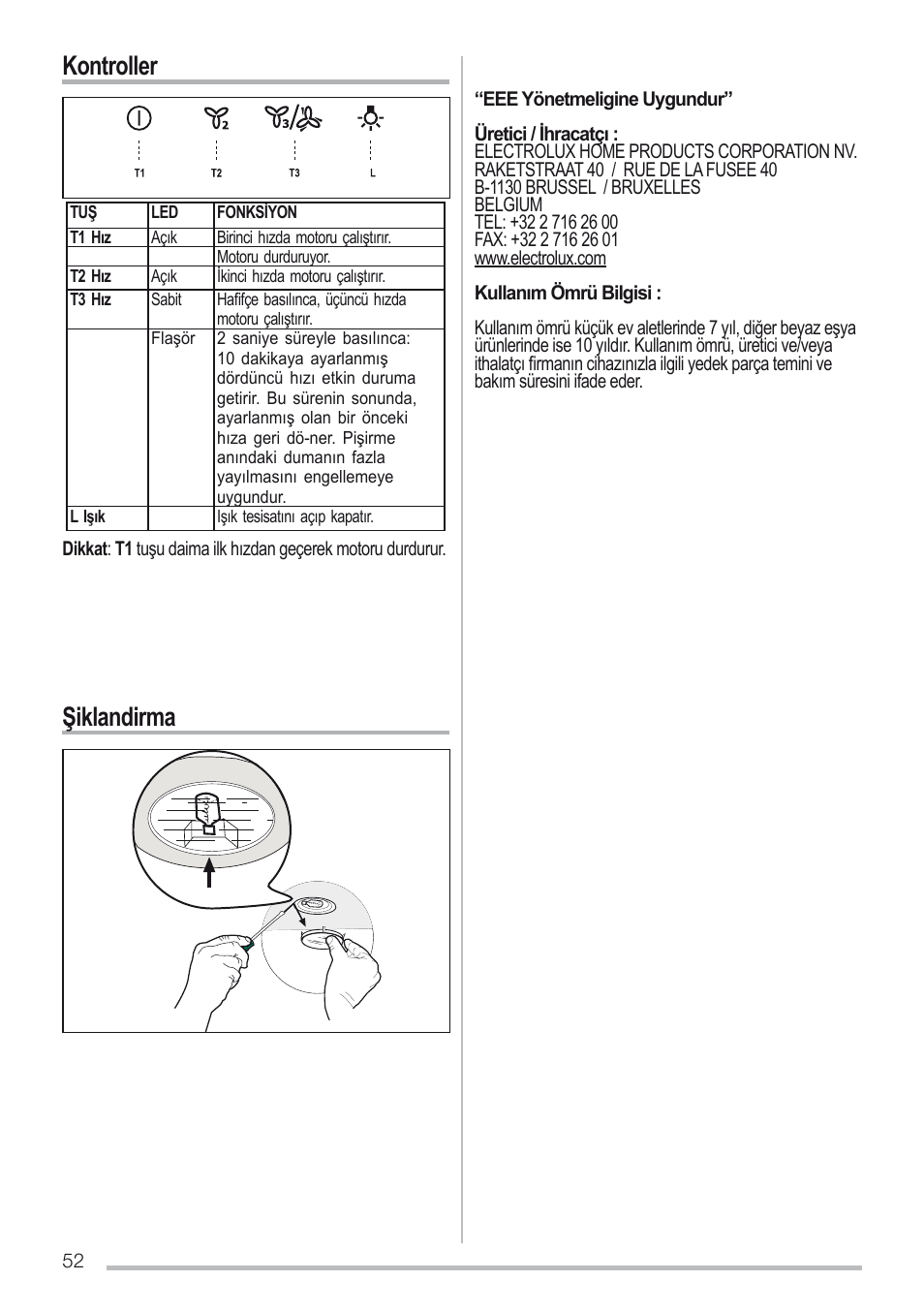Kontroller, Şiklandirma | Zanussi ZHC96540XA User Manual | Page 52 / 68