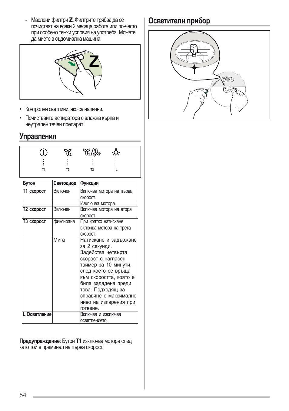 Управления, Осветителн прибор | Zanussi ZHC96540XA User Manual | Page 54 / 68