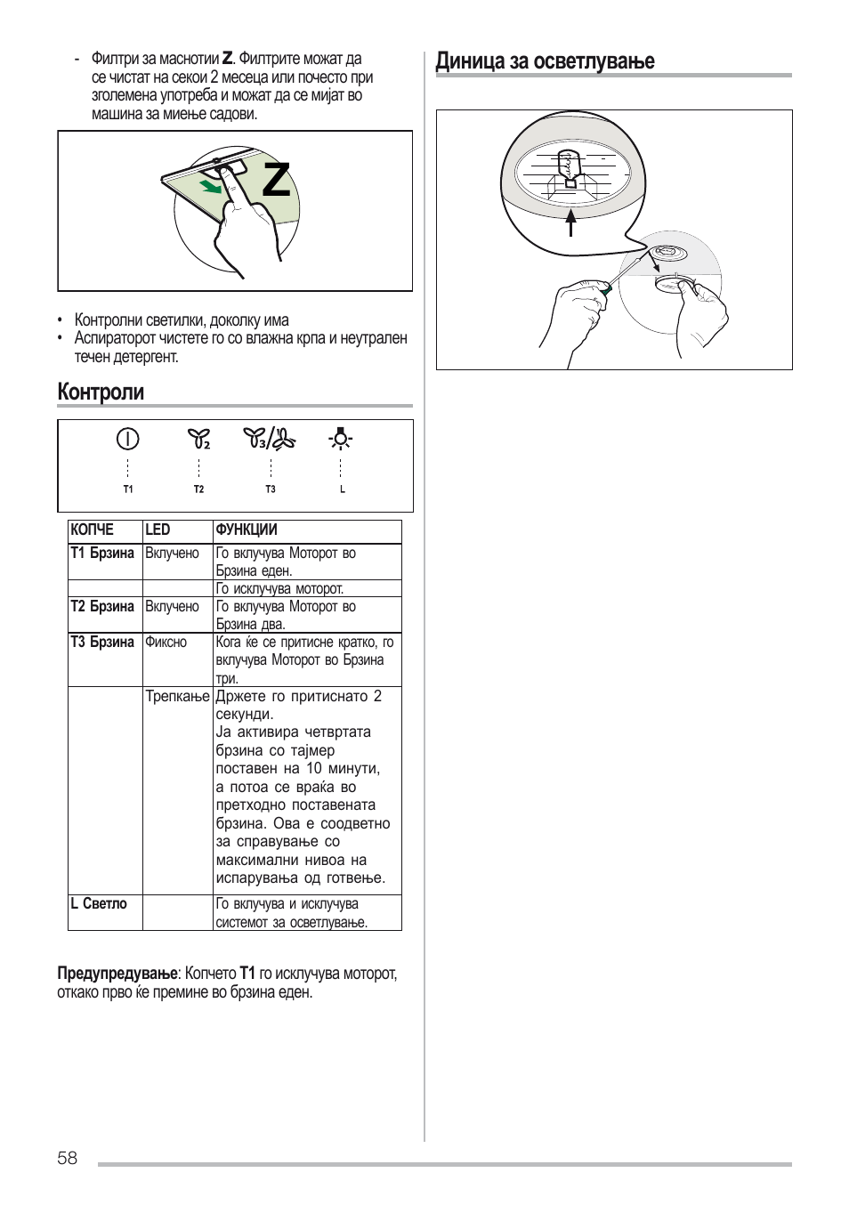 Контроли, Диница за осветлување | Zanussi ZHC96540XA User Manual | Page 58 / 68