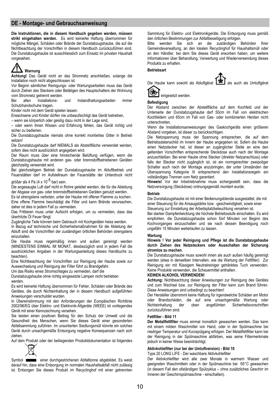 De - montage- und gebrauchsanweisung | Zanussi ZHC6244X User Manual | Page 10 / 40