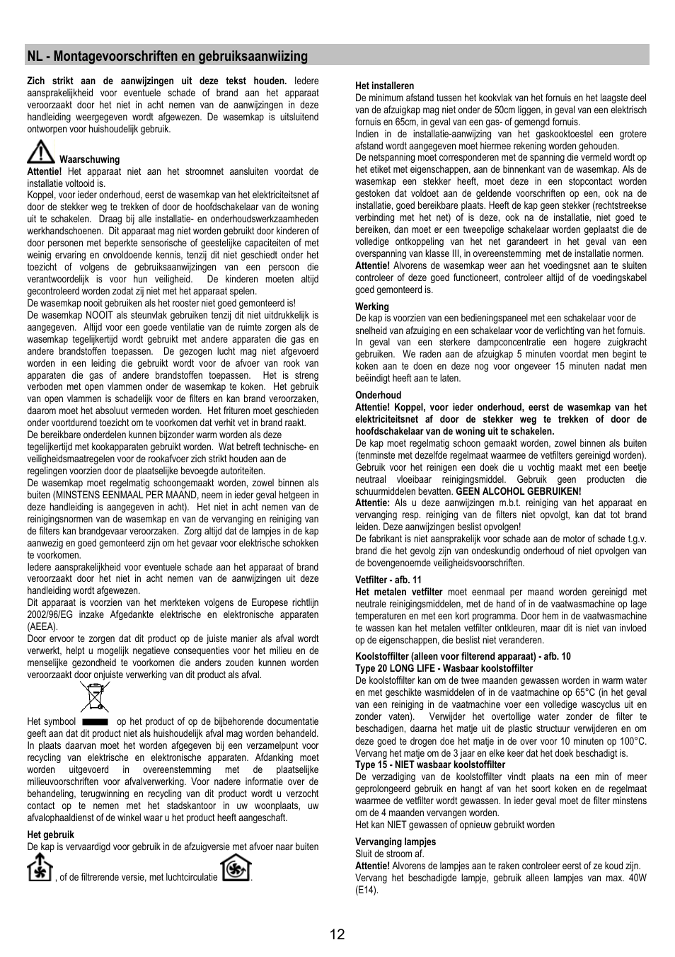 Nl - montagevoorschriften en gebruiksaanwiizing | Zanussi ZHC6244X User Manual | Page 12 / 40