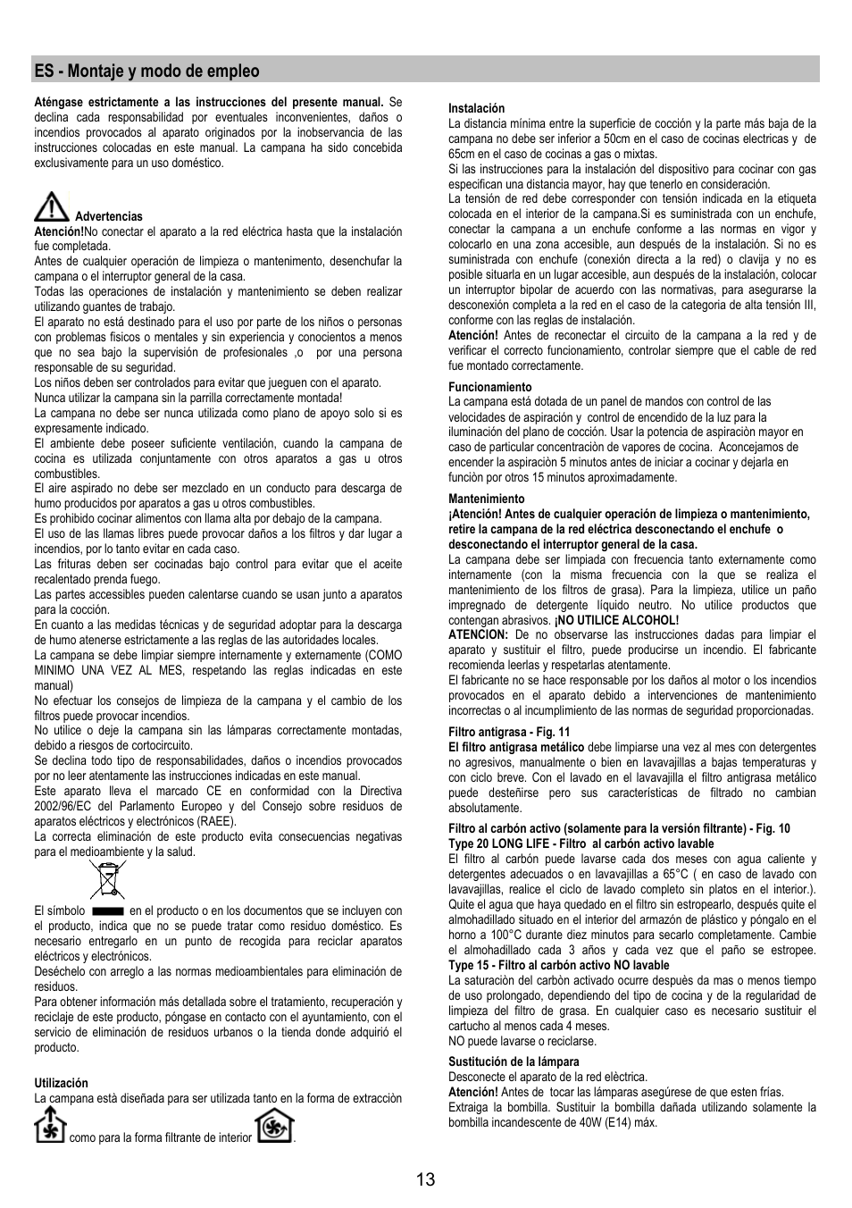 Es - montaje y modo de empleo | Zanussi ZHC6244X User Manual | Page 13 / 40