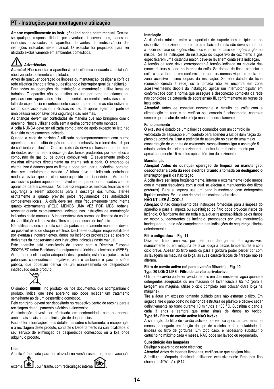 Pt - instruções para montagem e utilização | Zanussi ZHC6244X User Manual | Page 14 / 40