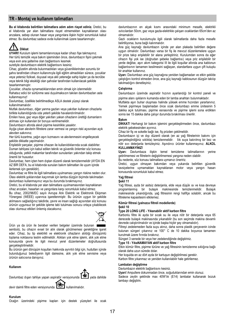 Tr - montaj ve kullanım talimatları | Zanussi ZHC6244X User Manual | Page 17 / 40