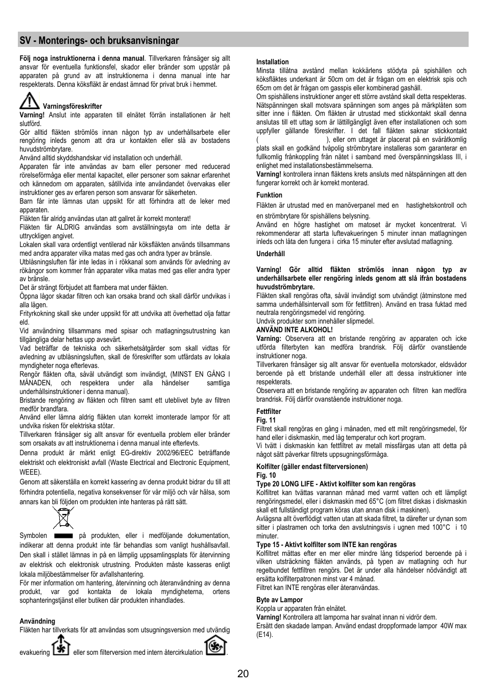 Sv - monterings- och bruksanvisningar | Zanussi ZHC6244X User Manual | Page 20 / 40