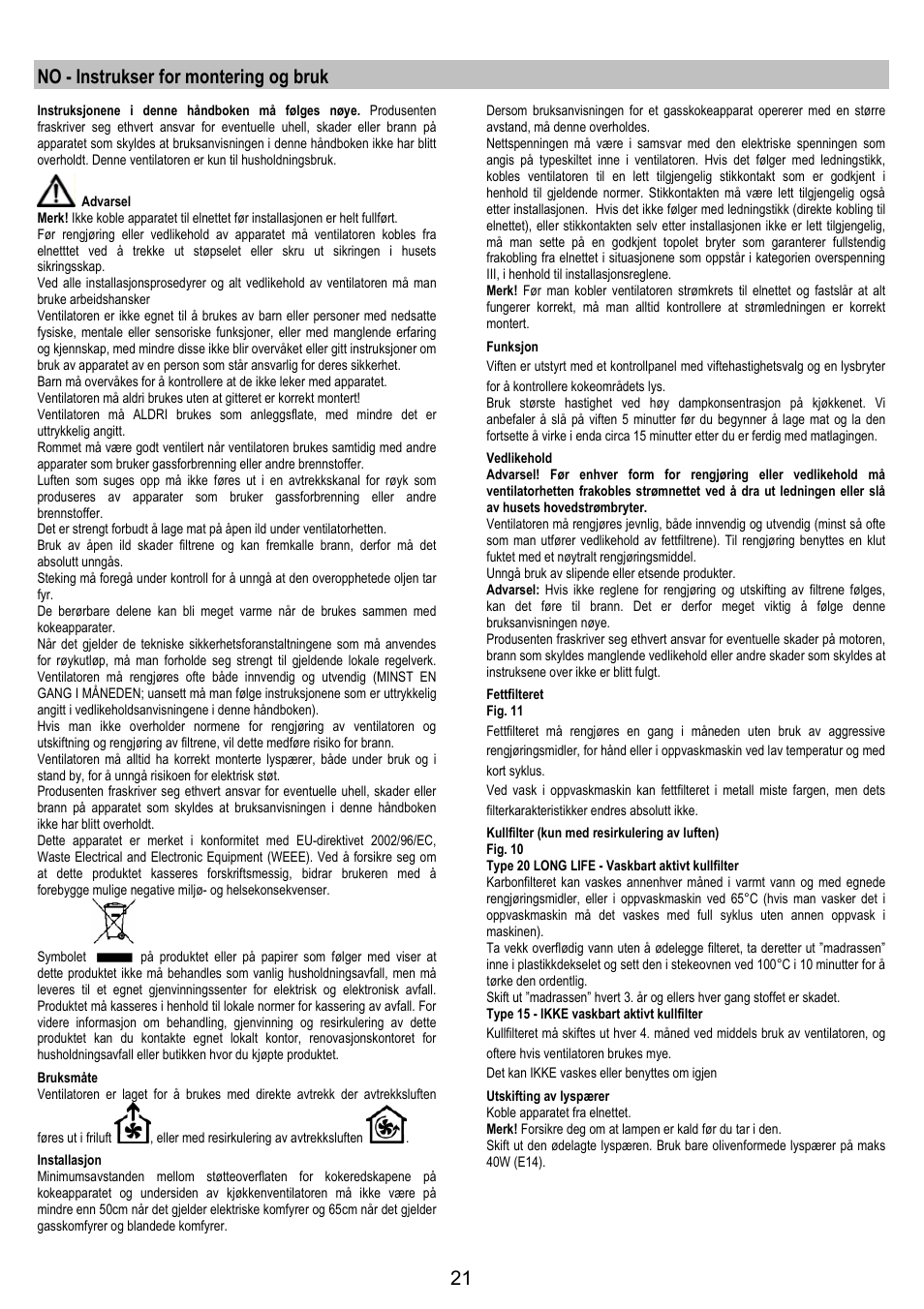 No - instrukser for montering og bruk | Zanussi ZHC6244X User Manual | Page 21 / 40