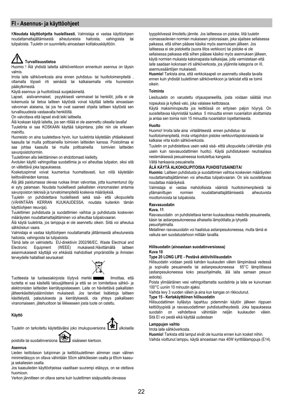 Fi - asennus- ja käyttöohjeet | Zanussi ZHC6244X User Manual | Page 22 / 40