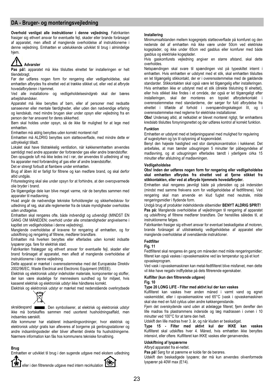 Da - bruger- og monteringsvejledning | Zanussi ZHC6244X User Manual | Page 23 / 40