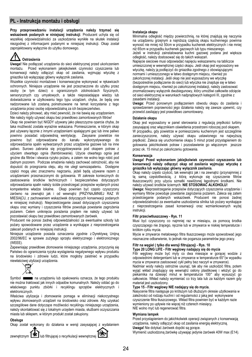 Pl - instrukcja montażu i obsługi | Zanussi ZHC6244X User Manual | Page 24 / 40