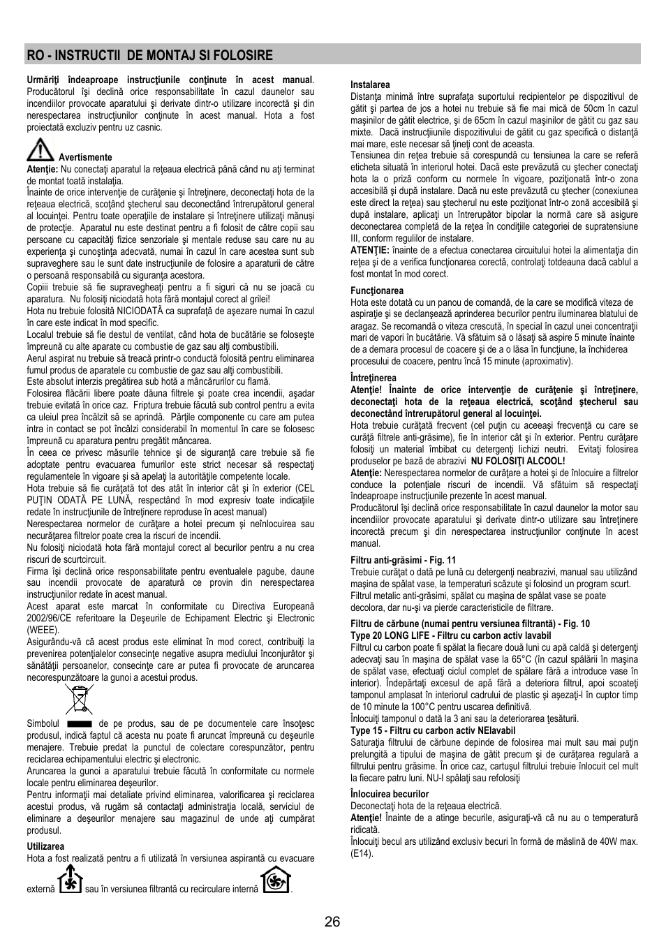 Ro - instructii de montaj si folosire | Zanussi ZHC6244X User Manual | Page 26 / 40