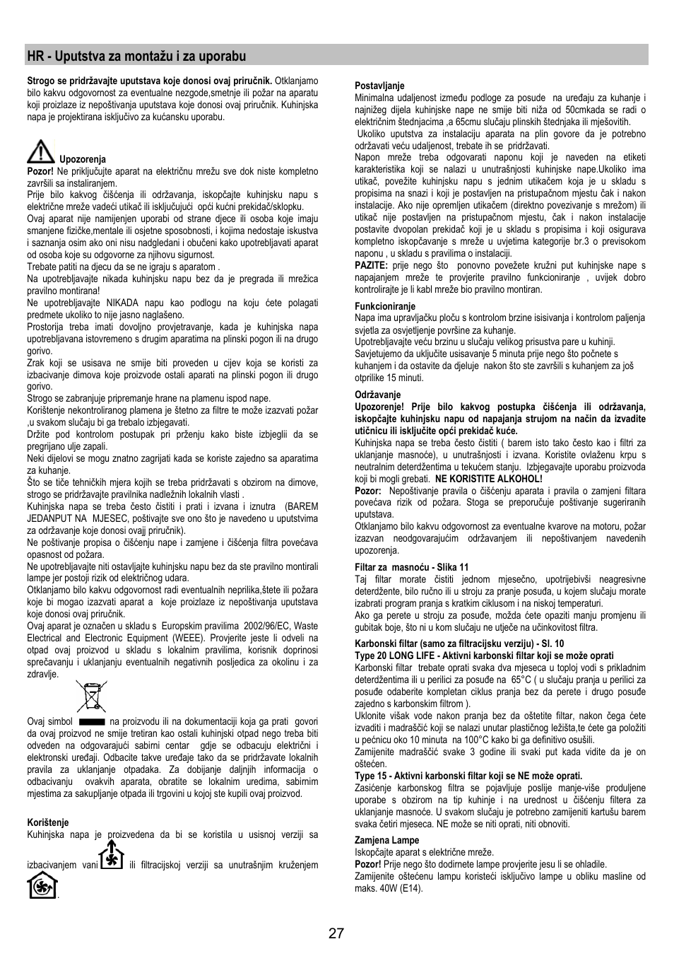 Hr - uputstva za montažu i za uporabu | Zanussi ZHC6244X User Manual | Page 27 / 40