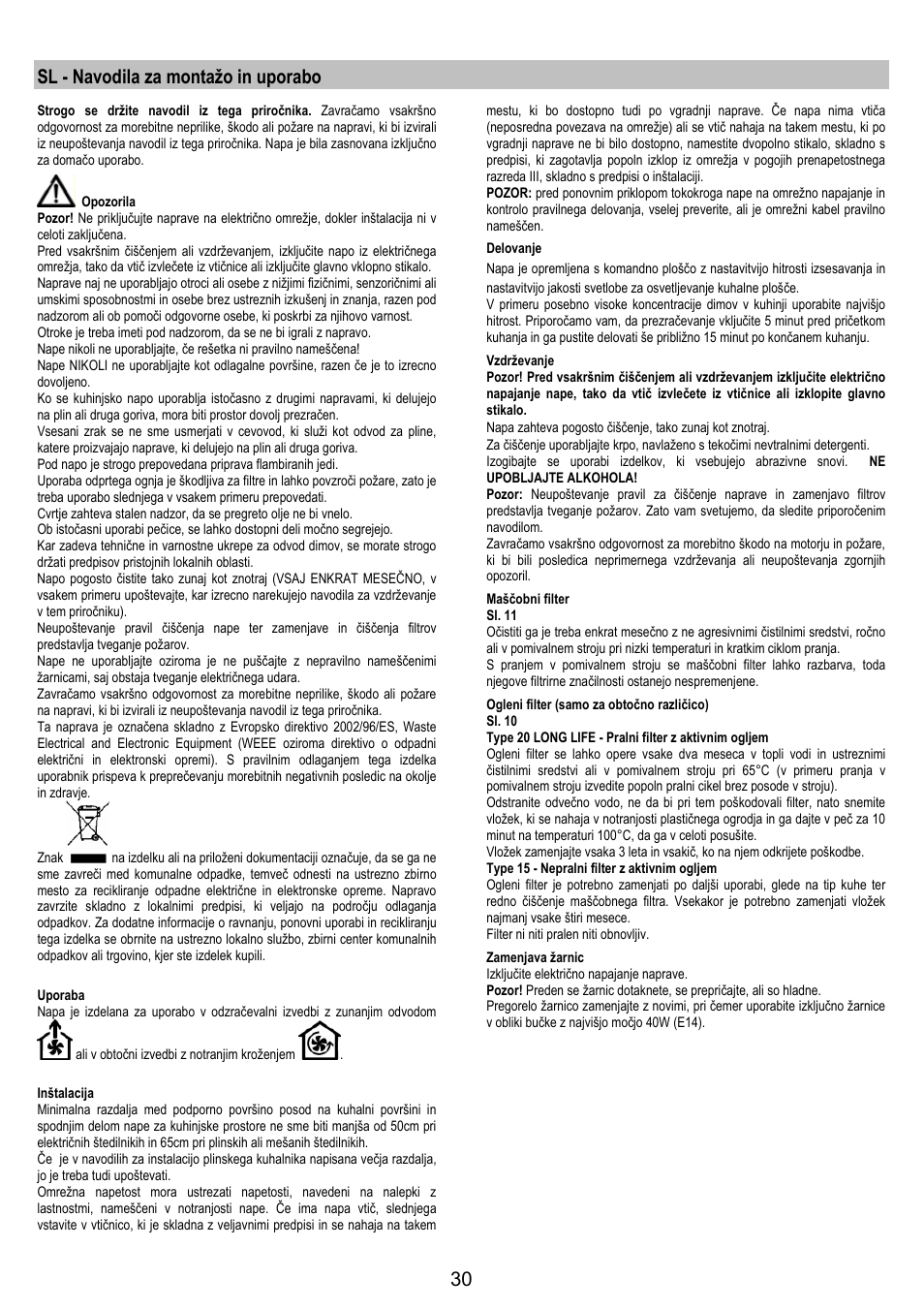 Sl - navodila za montažo in uporabo | Zanussi ZHC6244X User Manual | Page 30 / 40