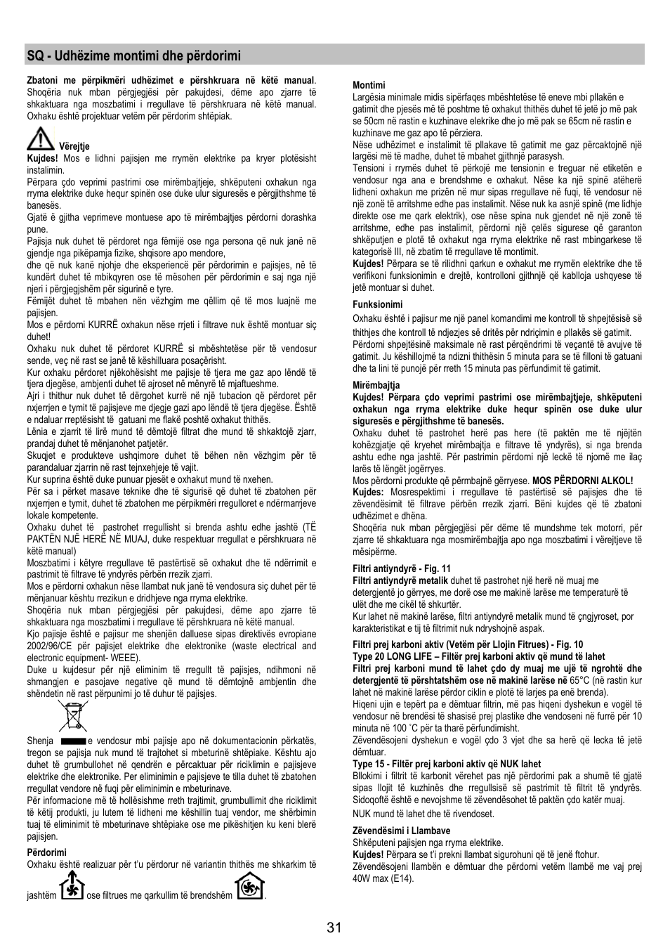 Sq - udhëzime montimi dhe përdorimi | Zanussi ZHC6244X User Manual | Page 31 / 40