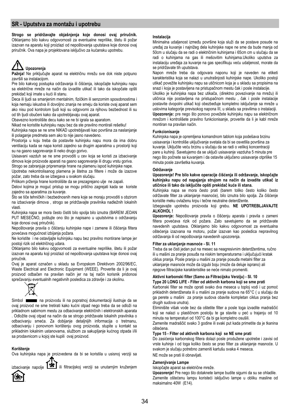 Sr - uputstva za montažu i upotrebu | Zanussi ZHC6244X User Manual | Page 34 / 40