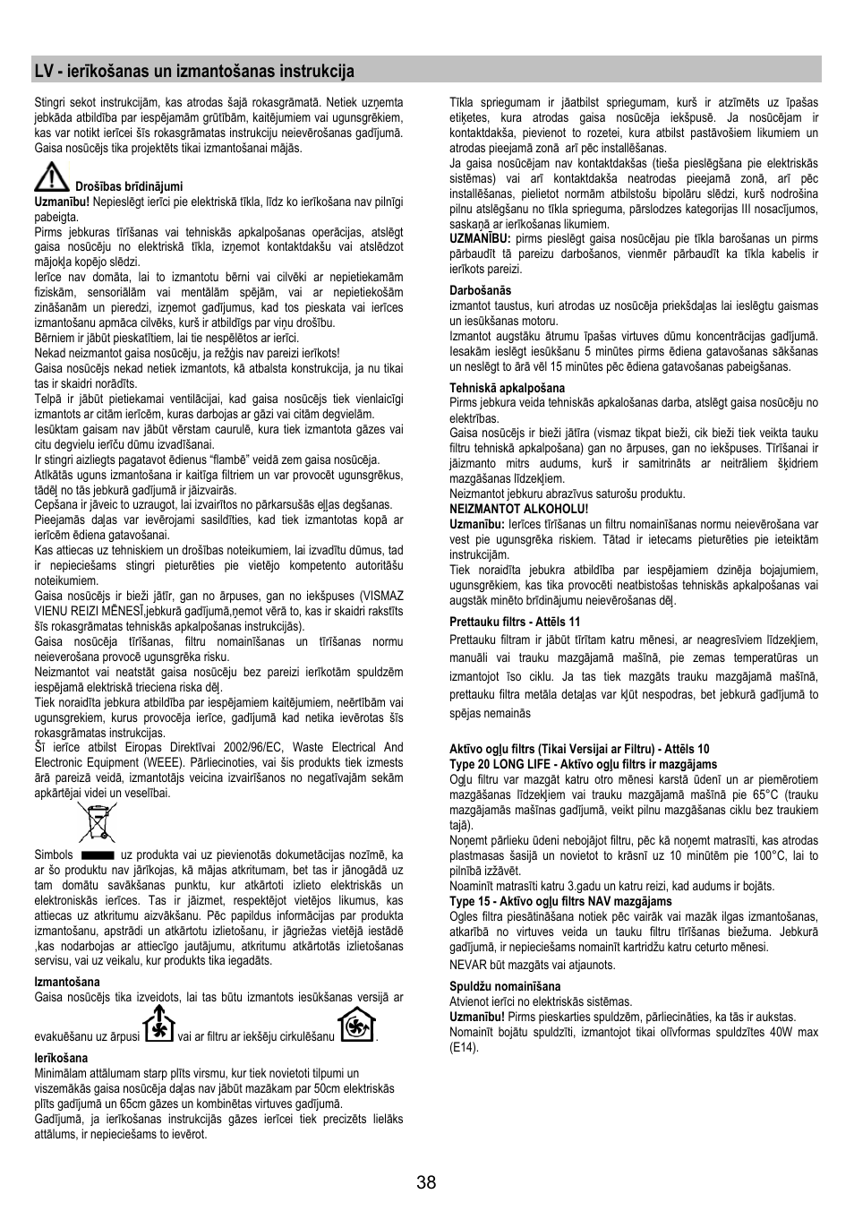 Lv - ierīkošanas un izmantošanas instrukcija | Zanussi ZHC6244X User Manual | Page 38 / 40