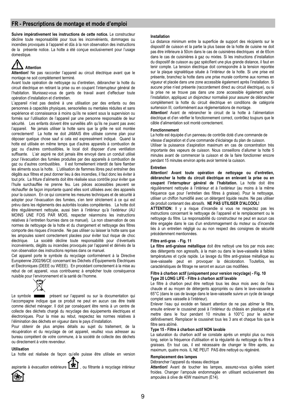 Fr - prescriptions de montage et mode d’emploi | Zanussi ZHC6244X User Manual | Page 9 / 40