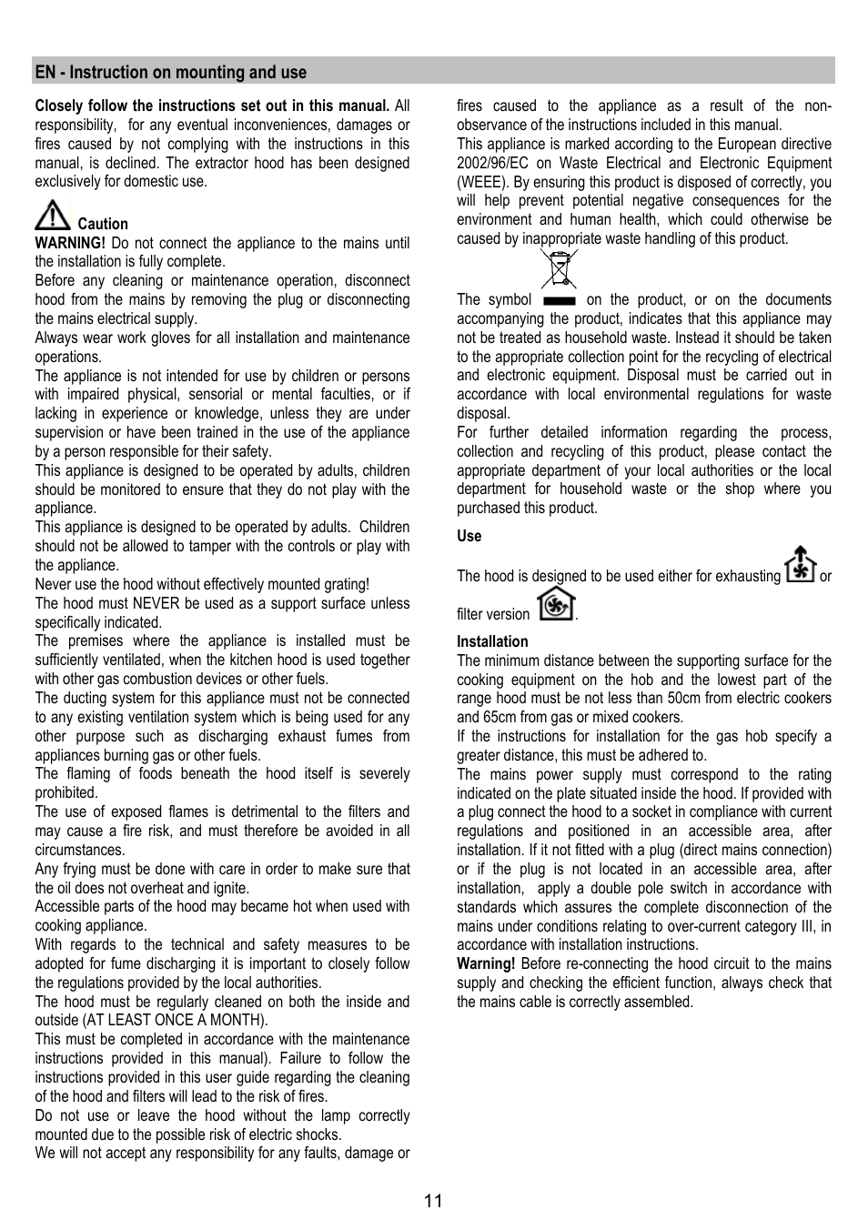 En - instruction on mounting and use | Zanussi ZHC86540XA User Manual | Page 11 / 72