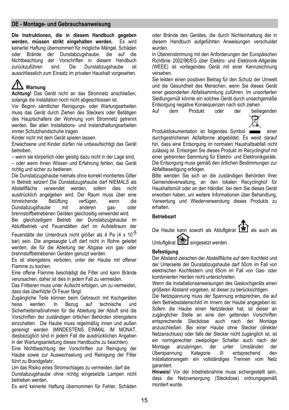 De - montage- und gebrauchsanweisung | Zanussi ZHC86540XA User Manual | Page 15 / 72